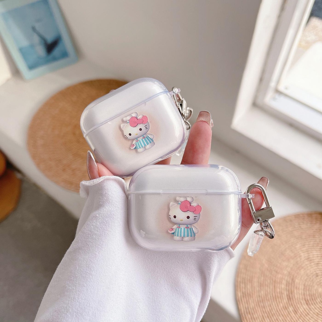 Vỏ Bảo Vệ Hộp Sạc Tai Nghe AirPods 1 2 pro 3 2021 gen3 Bằng Silicon Tpu Mềm Trong Suốt Hình Mèo Kitty Dễ Thương Kèm Móc Treo Chống Thất Lạc