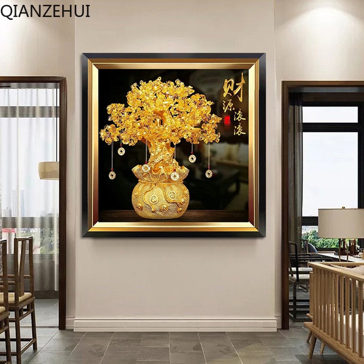 Tranh Đính Đá Hạt Tròn 5D Tự Làm Hình Cây Tiền Pachira Macrocarpa Trang Trí Nhà Cửa