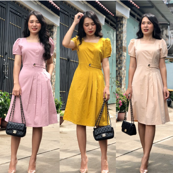 Đầm xòe A cổ vuông xếp ly tùng cách điệu, thanh lịch, chất mát, có túi GR174 - Hình thật shop tự chụp