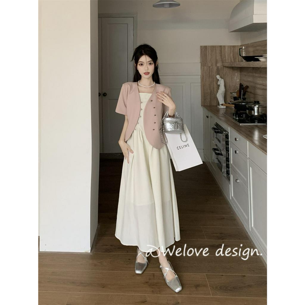 「 WELOVE1 」Bộ Áo Khoác Vest Ngắn Tay + Đầm Yếm Thời Trang Nữ Tính Cỡ Nhỏ