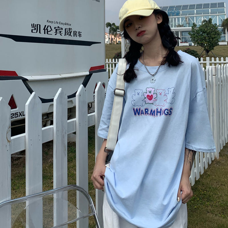 100% cotton Áo thun tay ngắn dáng rộng in họa tiết hoạt hình phong cách Hàn Quốc thời trang năng động cho nữ