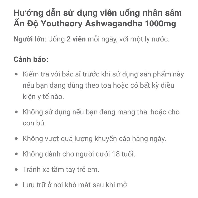 Viên uống nhân sâm Ấn Độ giảm căng thẳng Youtheory Ashwagandha 1000mg 180 viên