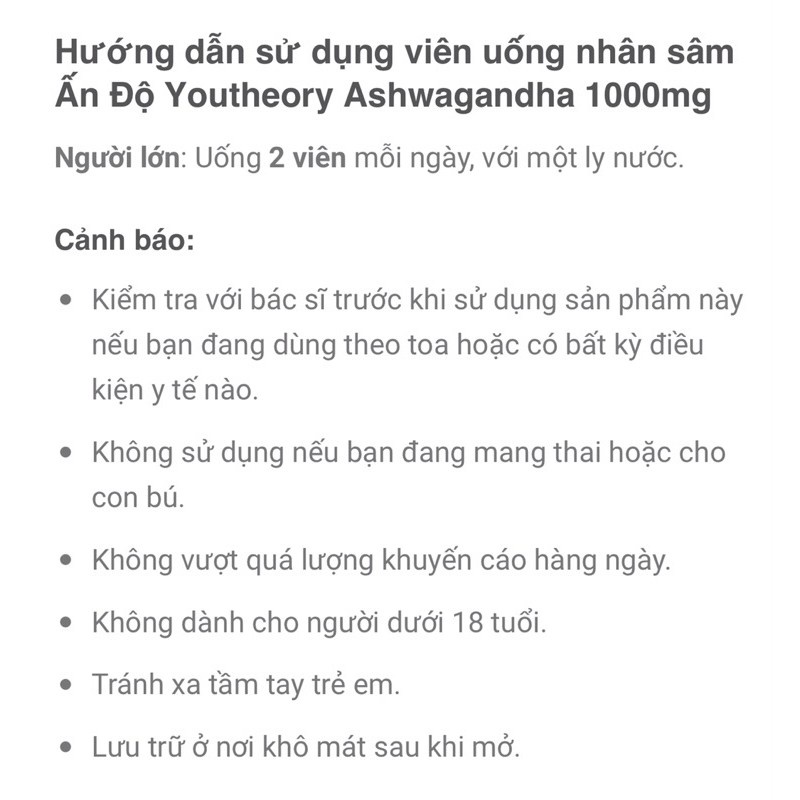 [Bill Mỹ ]Viên uống nhân sâm Ấn Độ Youtheory Ashwagandha 1000mg 150 viên