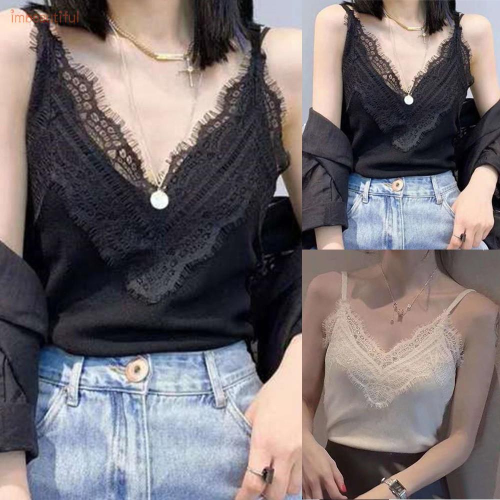 Women Casual Lace sling feminine halter bottoming shirt sleeveless top stretch knit | BigBuy360 - bigbuy360.vn