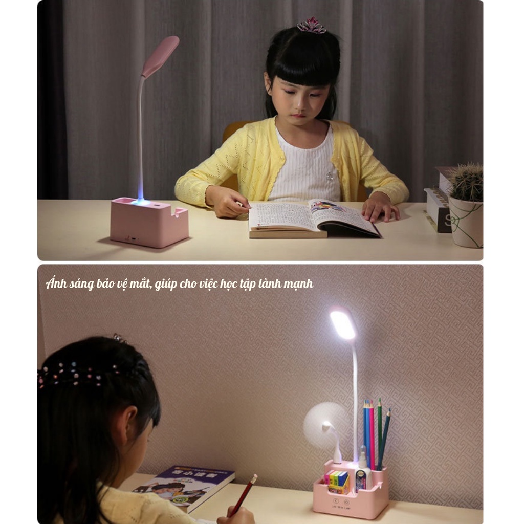 Đèn Học Để Bàn Tích Điện Đa Năng, Đèn LED Chống Cận Với 3 Màu Sáng Có Ngăn Chứa Đồ Dùng Và Cổng USB 5V
