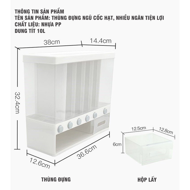 Hộp đựng ngũ cốc có 6 ngăn phân chia các loại hạt kèm 1 cốc lấy hạt dung tích 10 lít
