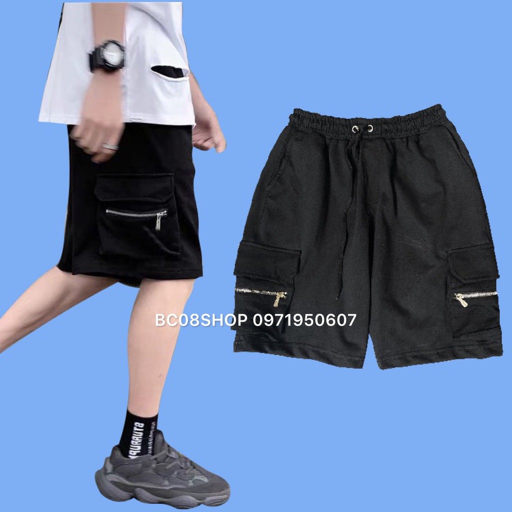 Quần Short Ngố Thun Đen Unisex Túi Khóa Basic BC074 ( ĐEN - XÁM)