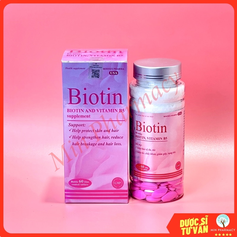 Viên uống BIOTIN Rostex Bổ sung Biotin và Vitamin B5 Giảm rụng tóc, Đẹp da Khoẻ móng Hộp 60 viên - Minpharmacy