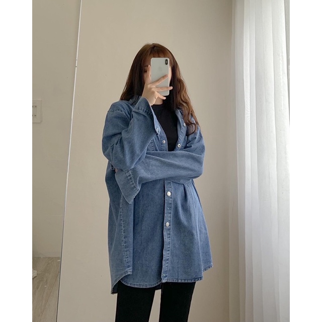 Áo sơ mi denim form rộng cúc nhôm bấm 654
