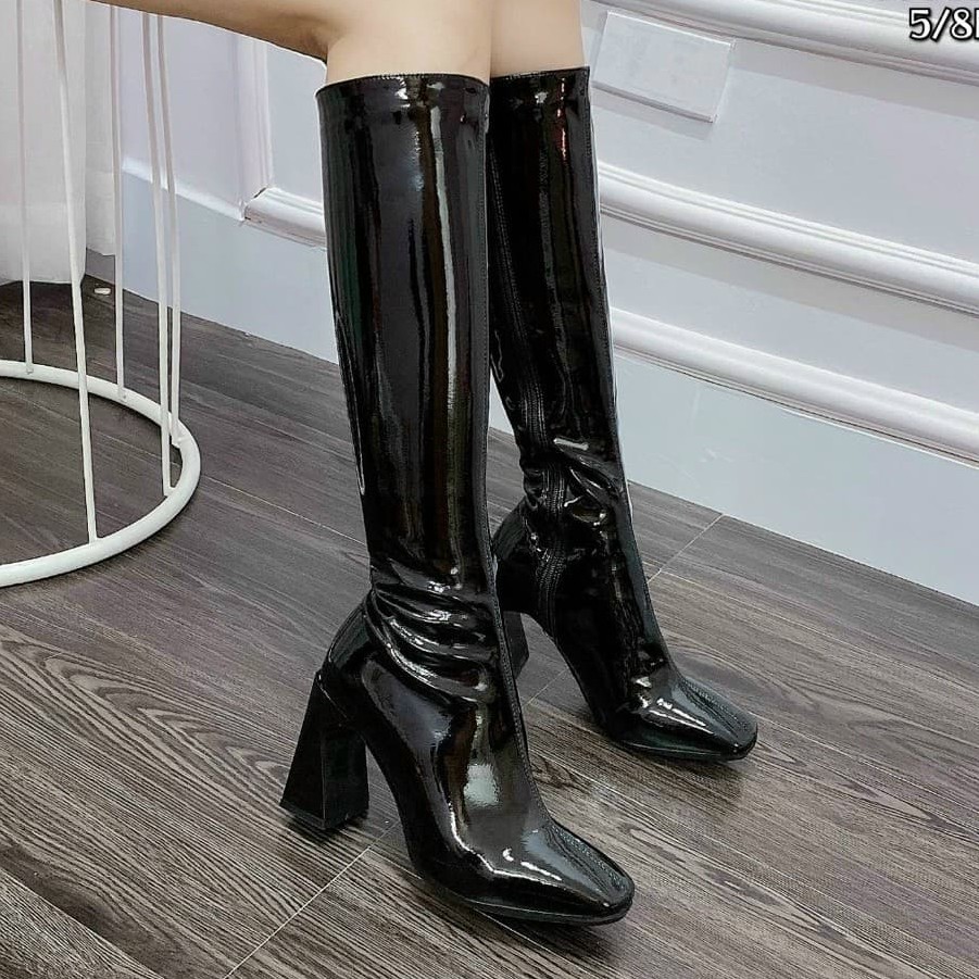 [QC FULLBOX] BOOTS NỮ CỔ CAO GẦN NGANG GỐI NÂNG DÁNG SANG CHẢNH PHỐI KHÓA KÉO DA SI BÓNG MỀM CAO CẤP - BỐT NỮ CAO 9CM