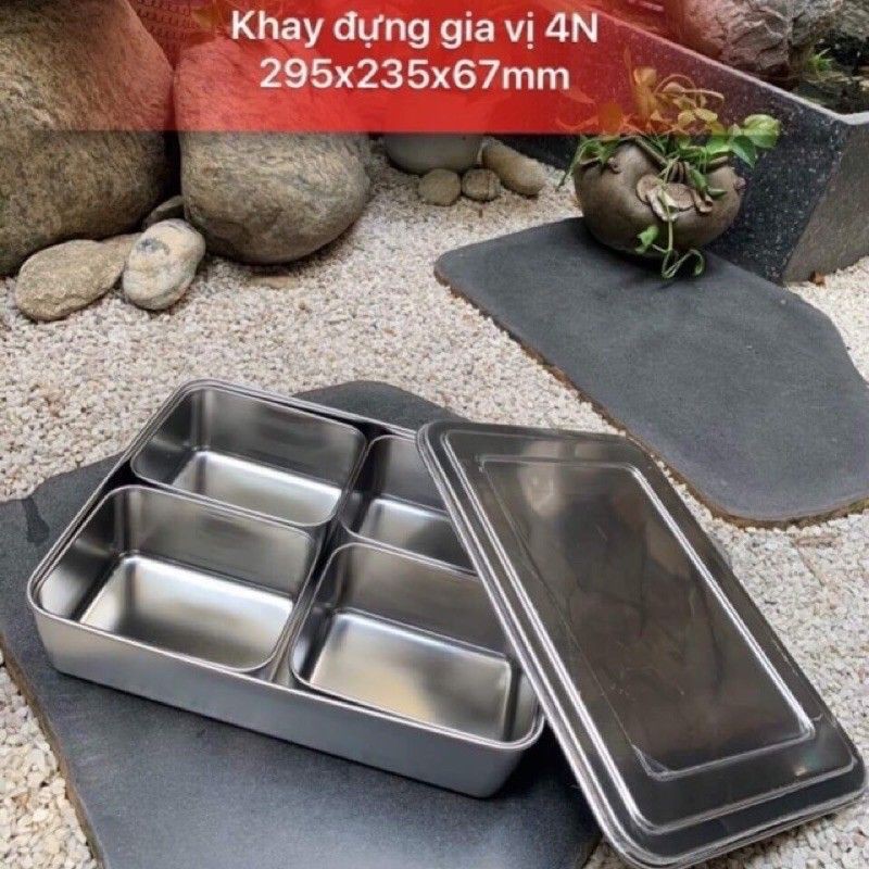 Khay đựng topping inox 304 cao cấp sáng bóng 4 ngăn