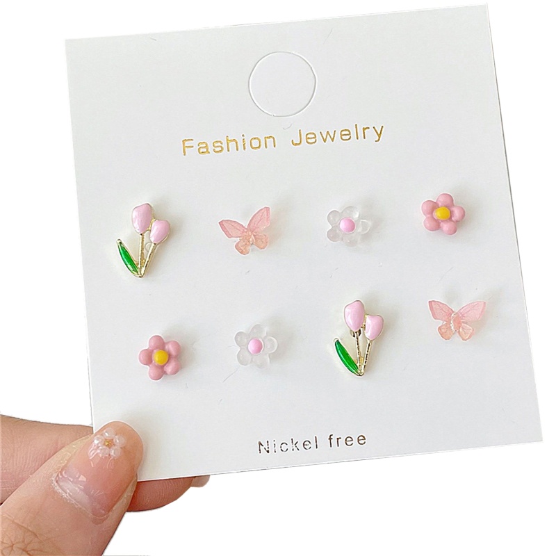 Set 8 Khuyên Tai Acrylic Hình Hoa / Bướm Mini Nhiều Màu Thời Trang Cho Nữ