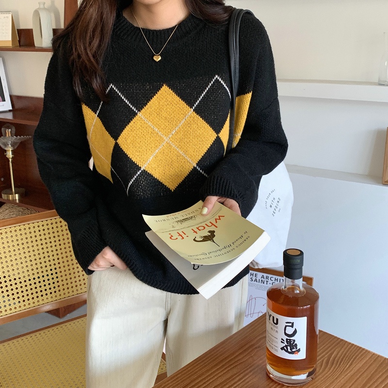 Áo len SUXI cổ tròn dáng rộng họa tiết sọc caro thiết kế mới thời trang mùa thu theo phong cách hàn quốc cho nữ