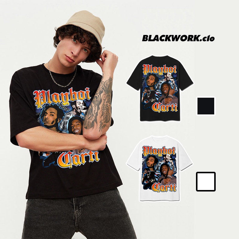 Áo Thun Vintage Playpoi Carti Mẫu 2 Tay Lỡ Unisex - Đen/Trắng Cổ Tròn | Blackwork