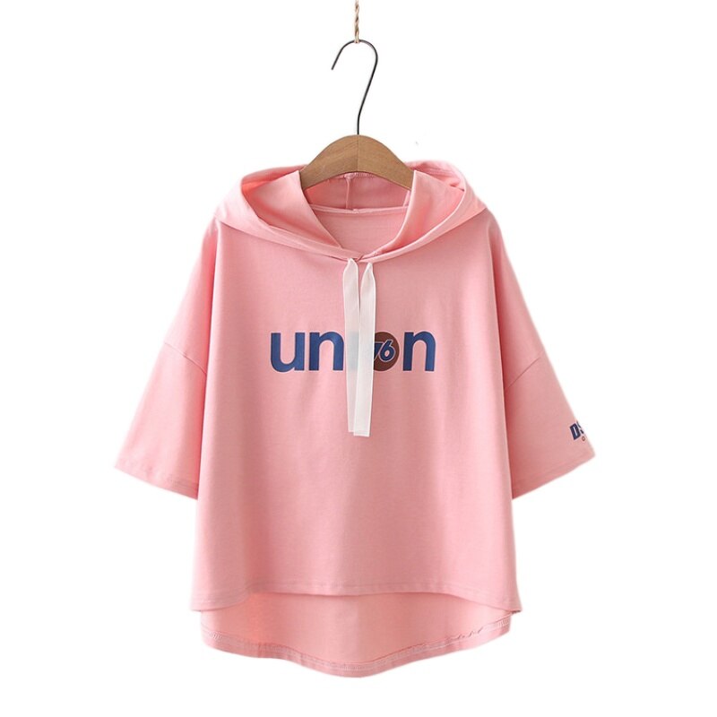 Áo Hoodie Cotton Tay Ngắn In Chữ Phối Dây Rút Thời Trang Mùa Hè Cho Nữ 2021