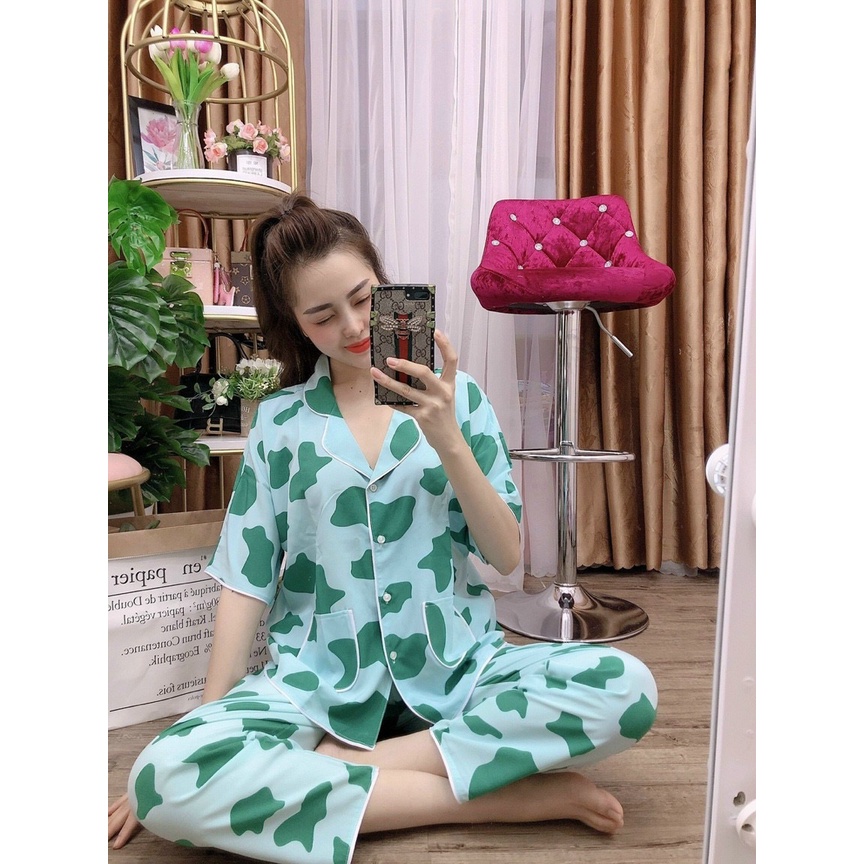 Set đồ bộ nữ bò sữa quần dài tay ngắn nhiều màu, đồ ngủ mặc nhà pyjama lụa satin thời trang trẻ