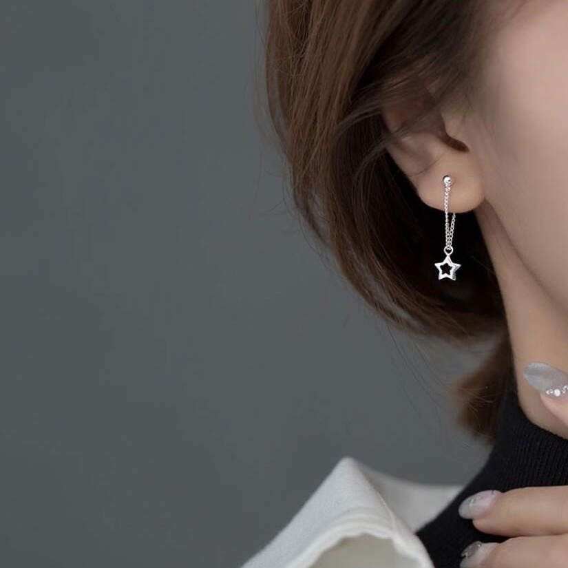 Bông tai đinh tán dáng dài mặt ngôi sao phong cách Hàn Quốc sành điệu cho nữ/bạn gái
