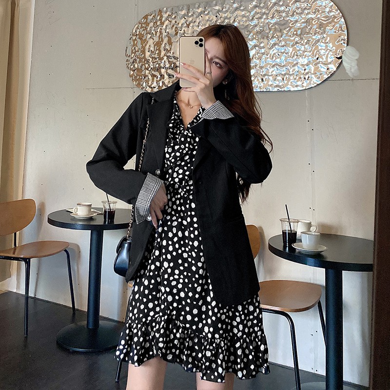 Set Áo Blazer Đen Phối Tay Kẻ Dory&Pony + Đầm Voan Tôn Dáng LADIES SUIT TREND - AK106 - D171 | BigBuy360 - bigbuy360.vn