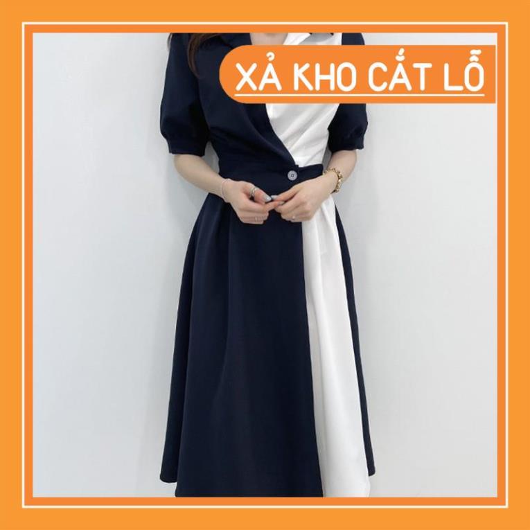 [Quần Áo Hot] Đầm sơ mi cổ bẻ dài tay phối 2 màu đính khuy thắt eo xòe dài nhẹ nhàng thanh lịch | BigBuy360 - bigbuy360.vn