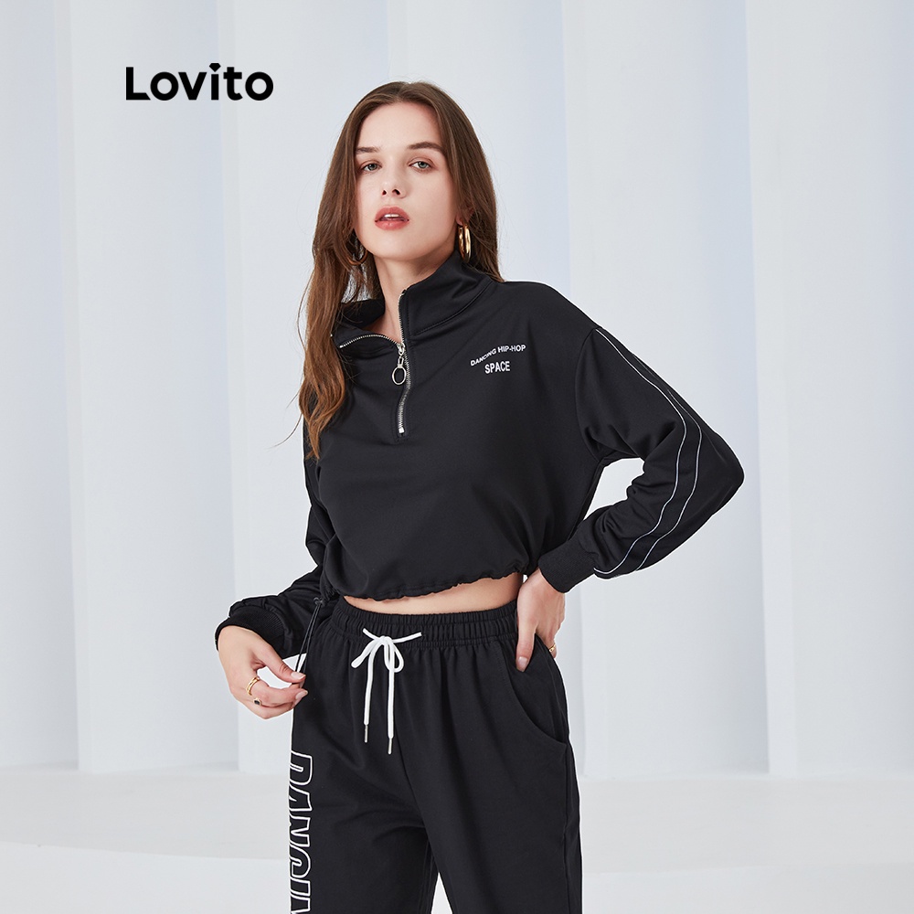 【Gợi ý từ KOL】Áo sweatshirt Lovito kiểu thể thao dáng rộng có dây rút và khoá kéo in họa tiết chữ cái năng động L04072 (màu đen)