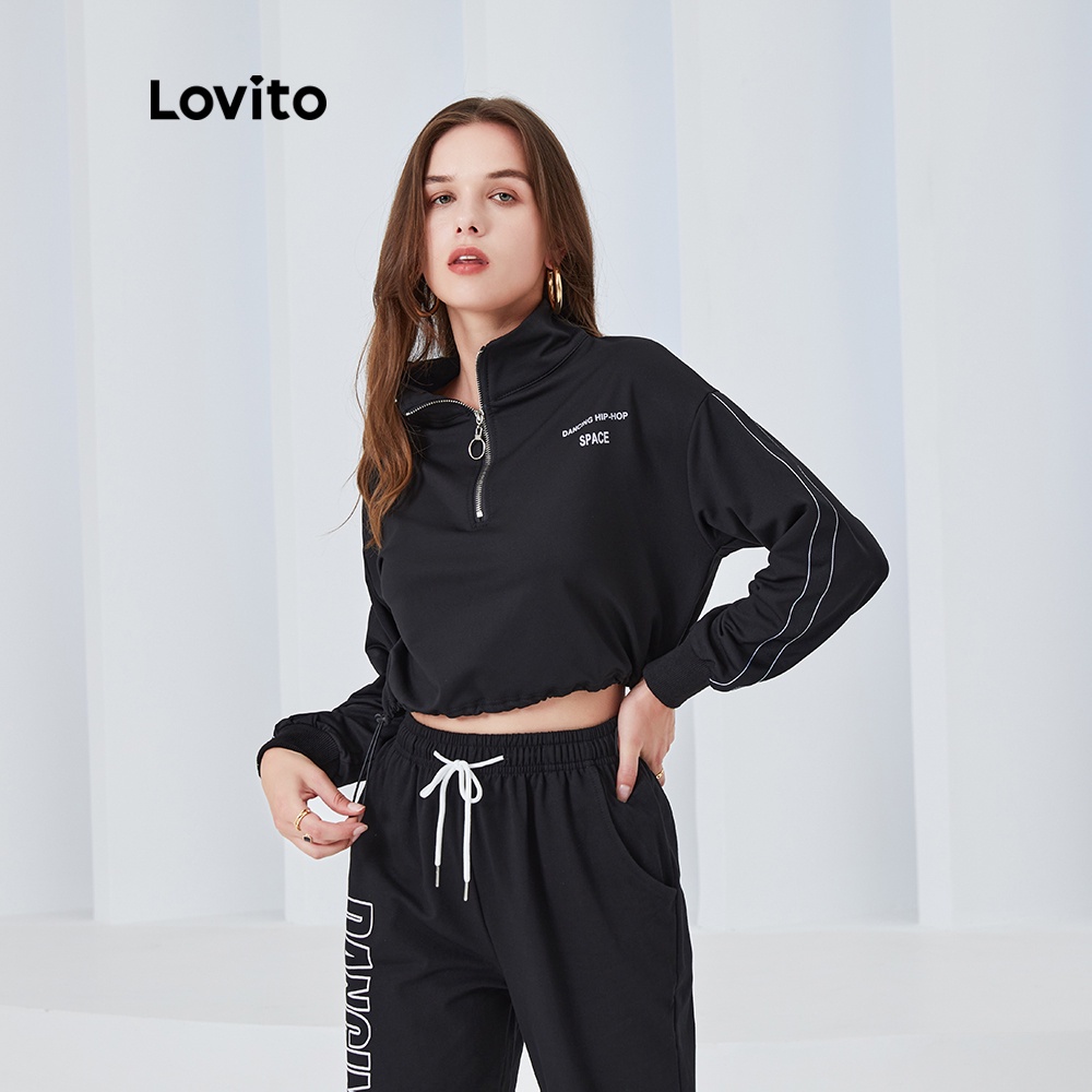 Áo sweatshirt thể thao Lovito dáng rộng dây rút có khoá kéo in họa tiết chữ L04072 (màu đen)