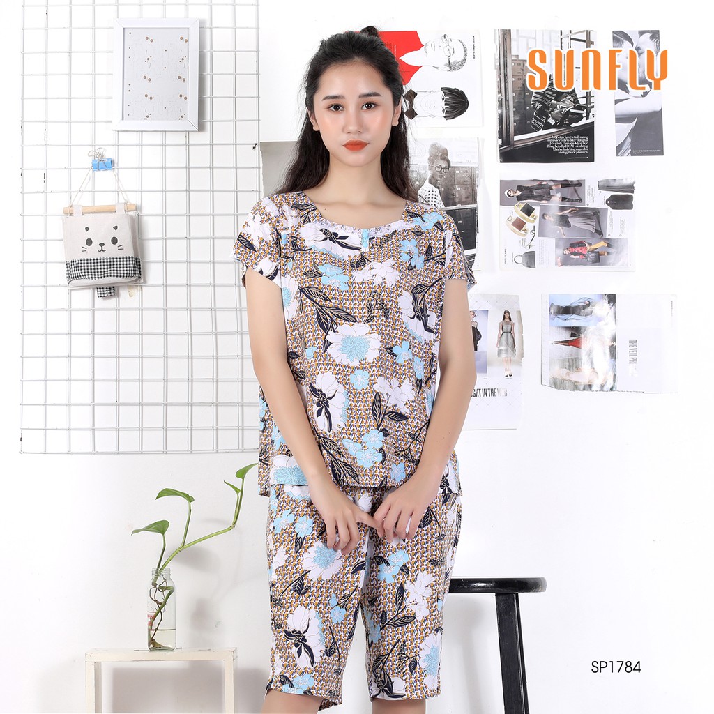 Bộ đồ lanh mặc nhà SUNFLY xuân hè áo cộc, quần lửng SP1784