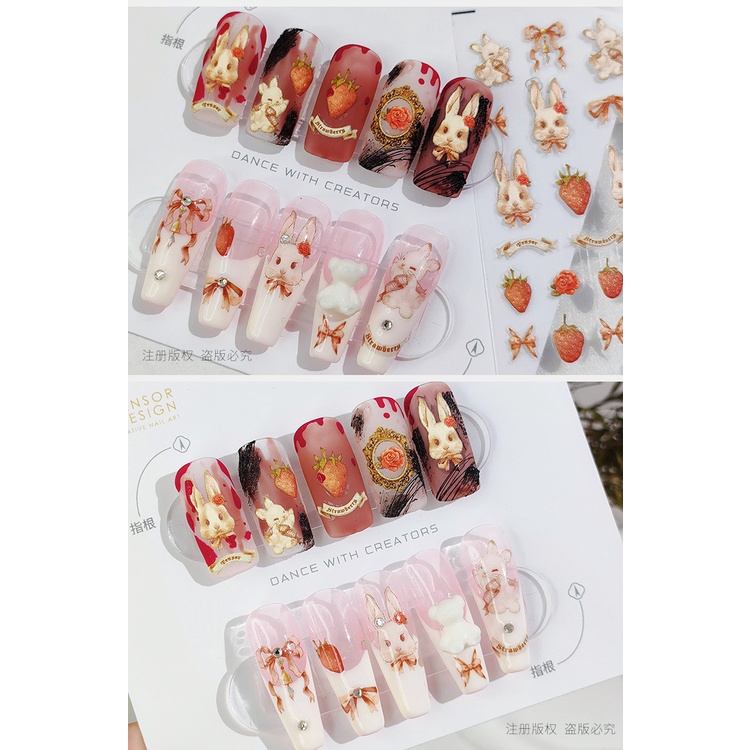 Bộ Miếng Dán Móng Tay 5D Họa Tiết Kẻ Sọc / Chú Thỏ Phong Cách Cổ Điển TS1713