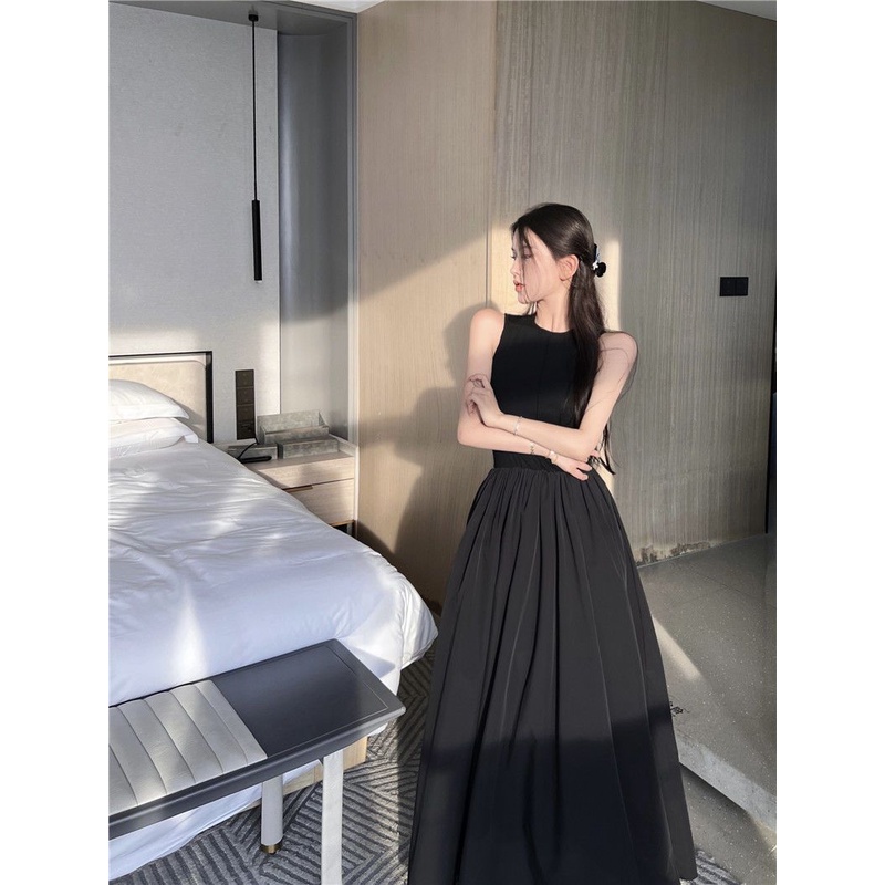 Đầm Midi Không Tay Màu Đen Thiết Kế Đơn Giản Thời Trang Mùa Hè Theo Phong Cách Pháp