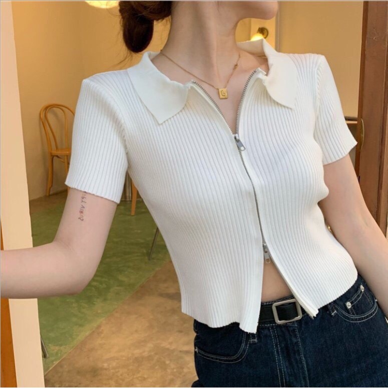 Áo croptop khóa kéo hai dầu