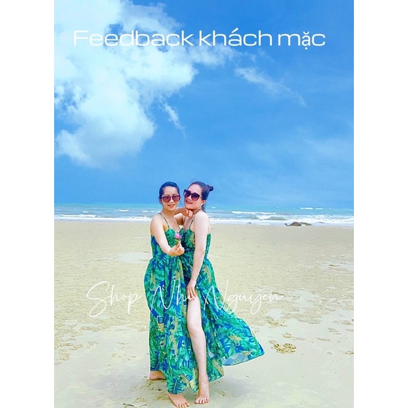 Đầm maxi hoa xanh hai dây khoét eo xẻ tà chất voan tơ