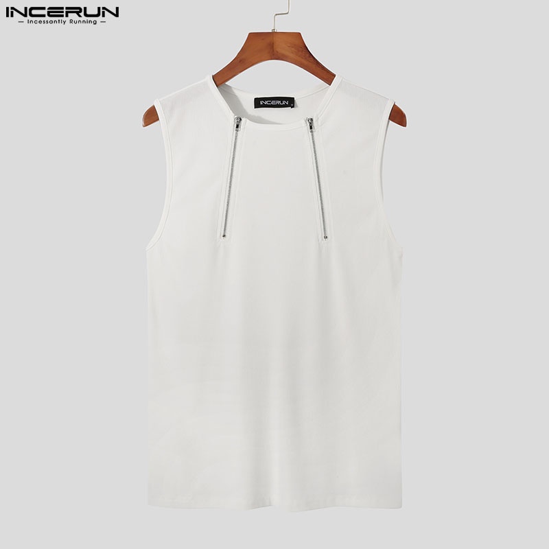 Áo ba lỗ dệt kim INCERUN màu trơn có khóa kéo thời trang mùa hè cho nam