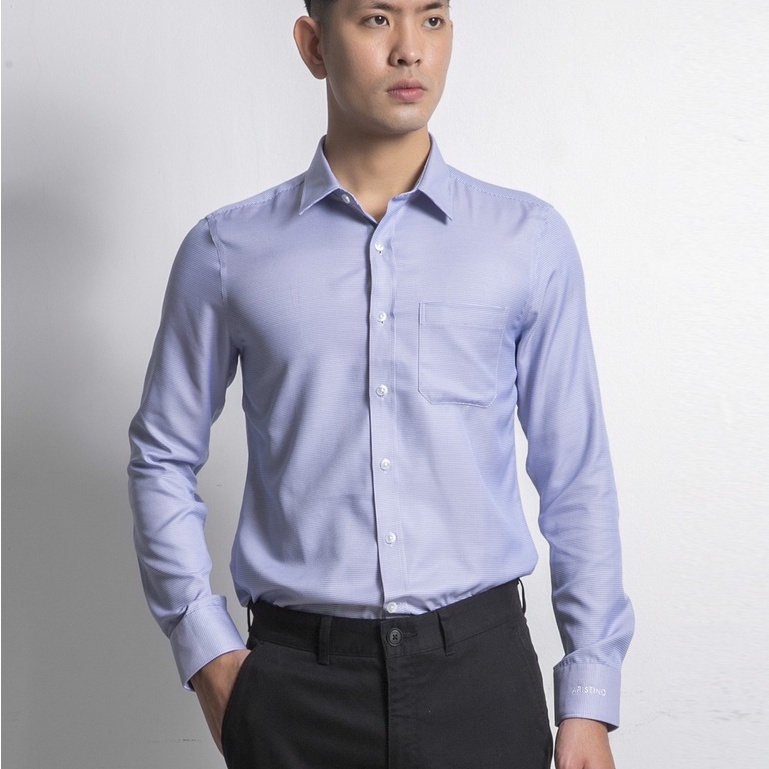 Áo sơ mi công sở nam dài tay Aristino màu xanh xanh móc tam giác dáng slim fit chất liệu sợi sồi cao cấp ALS31107