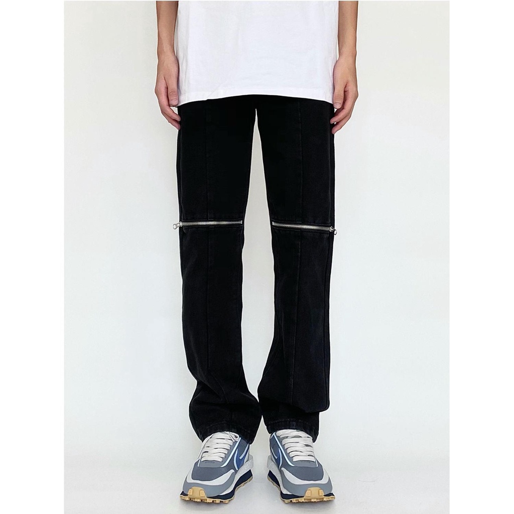 ✨Spot Ins✨Quần Jeans Dài Dáng Suông Rộng Phối Khóa Kéo Phong Cách Retro Đường Phố Mỹ Cho Nam