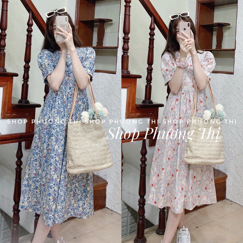 Váy babydoll hoa nhí chất thô lụa 2 màu siêu cute