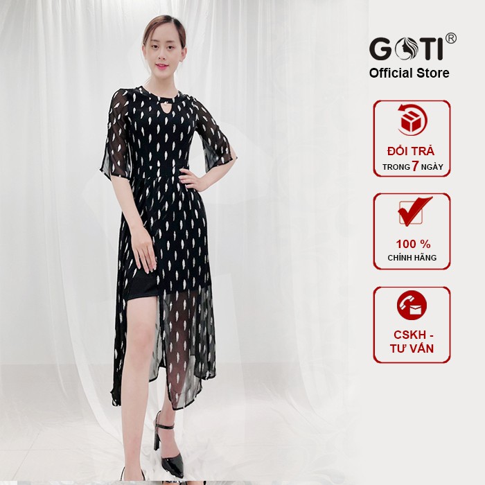 GOTI - Đầm Maxi Dạo Biển Kiểu Dáng Xòe In Nhũ Kim Tuyến Xẻ Tà 3042