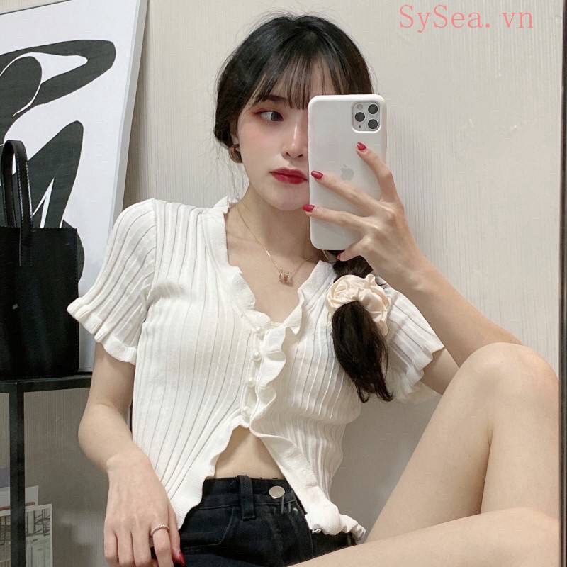[ Ành Thật] Áo croptop viền bèo ngắn tay đơn giản thời trang