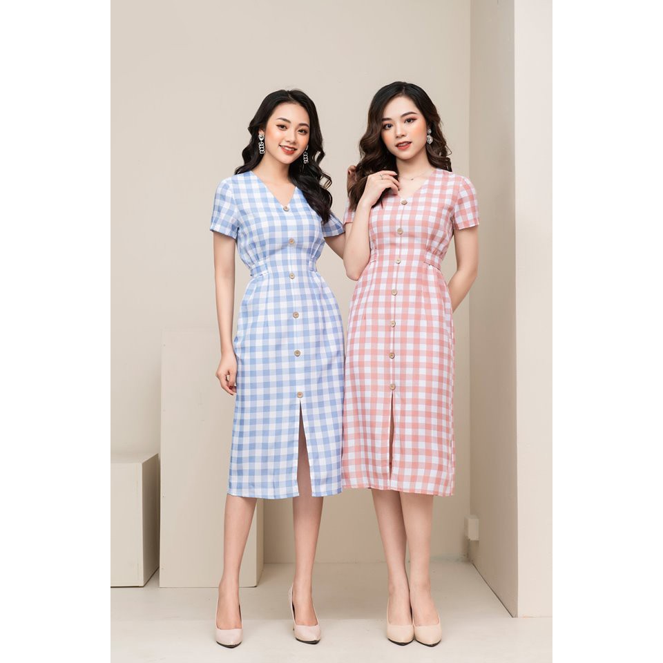 ĐẦM CARO PHỐI NÚT THỜI TRANG K10 ĐỦ SIZE S,M,L,XL,XXL