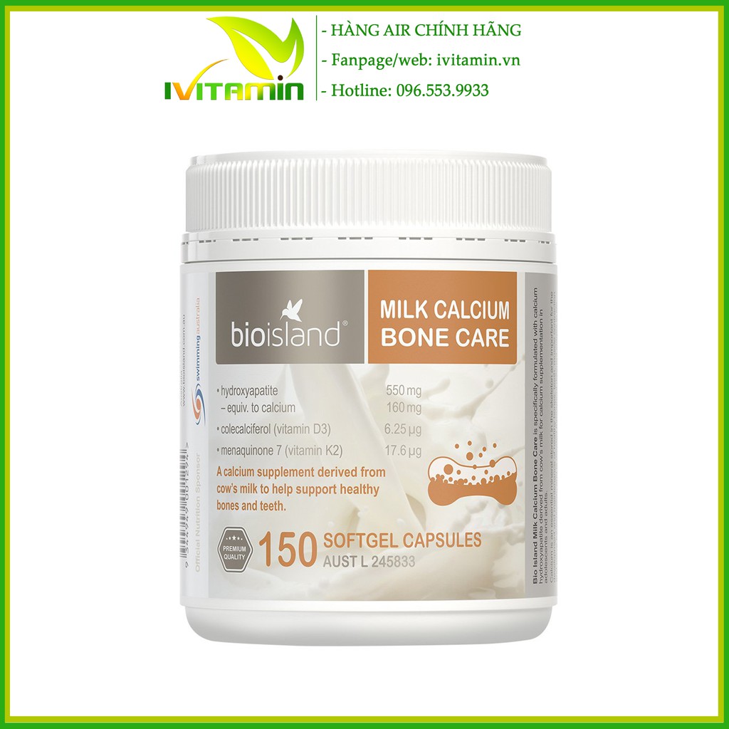 Canxi sữa vitamin D3 K2 Bio Island Milk Calcium Bone Care Úc 150 viên trẻ em từ 12 tuổi và người lớn