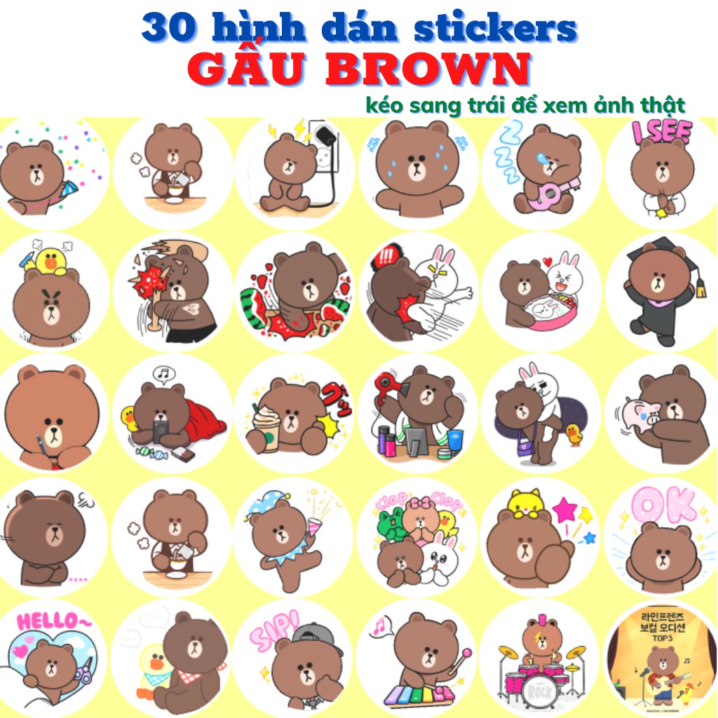 30 hình dán stickers gấu Brown