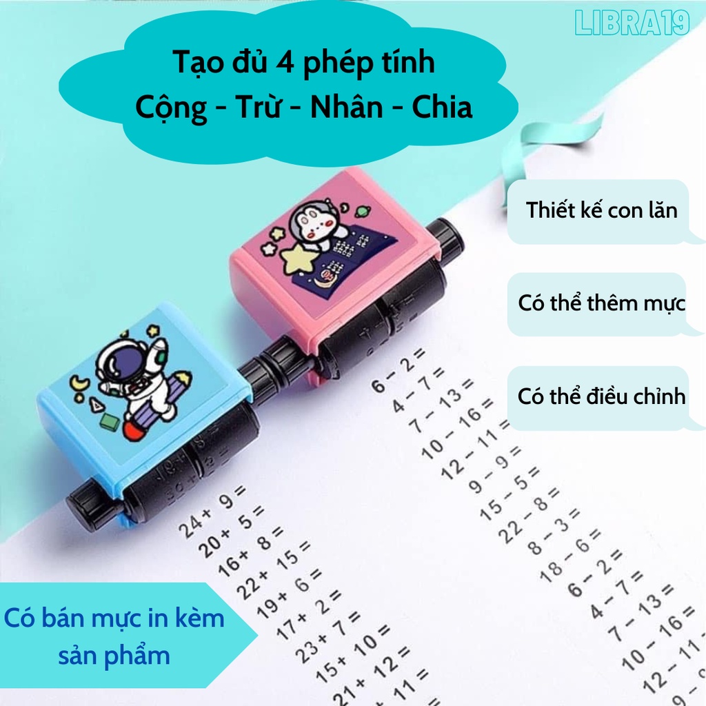 Máy in con lăn tạo phép tính Combo 4 loại CỘNG, TRỪ, NHÂN, CHIA - Con dấu toán học tạo phép tính trong phạm vi 100