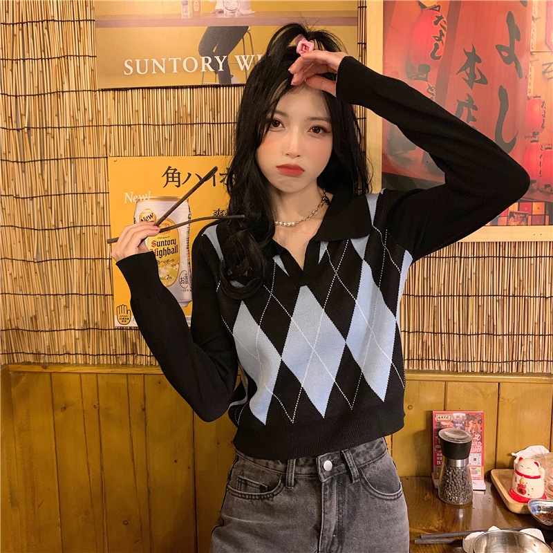 Áo thun COZOK polo tay dài họa tiết hình thoi nhiều màu sắc phong cách Hàn Quốc