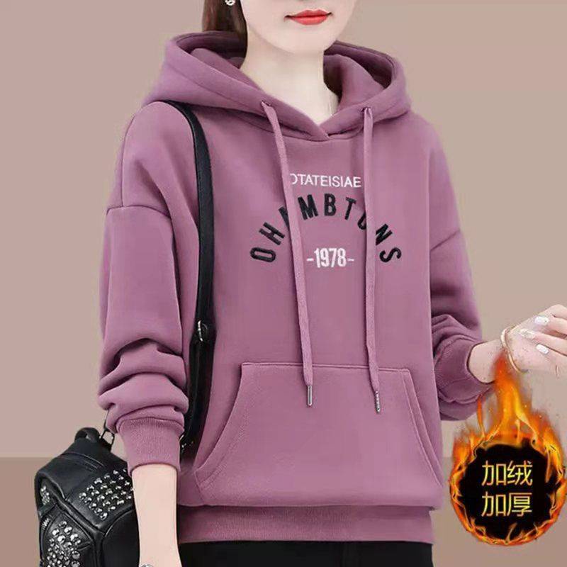Plus áo hoodie nhung dày dặn giữ ấm dáng rộng in họa tiết thời trang mùa đông cho nữ