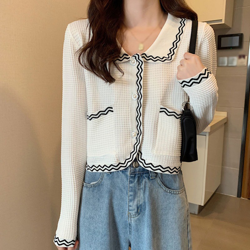 Áo Khoác Cardigan Dệt Kim Màu Sắc Tương Phản Thiết Kế Xinh Xắn Thời Trang Cho Nữ