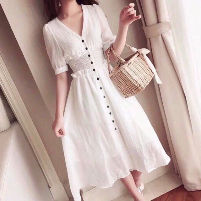 Đầm trắng nhúng thun eo (kèm hình thật)