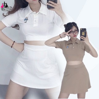 Set váy chữ a kèm áo cộc tay thêu hình siêu xinh mẫu mới siêu hot