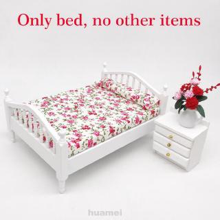 1:12 Home Decoration Pretend Play Miniature Wooden Dollhouse Accessories Flower Pattern Mini Furniture Bed