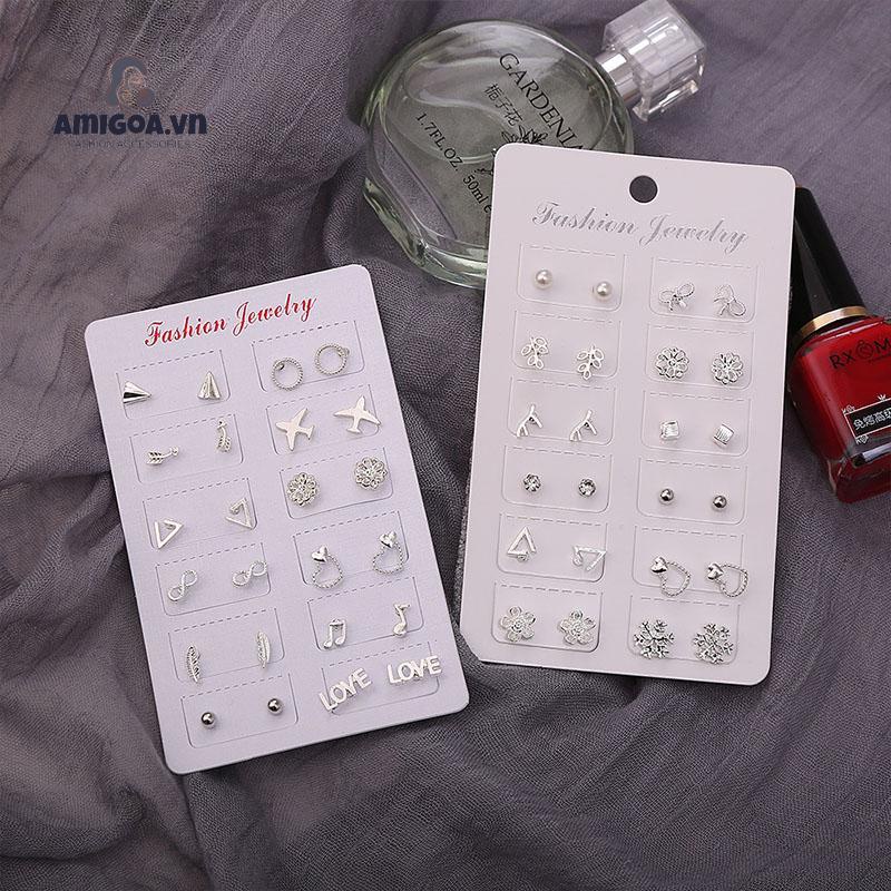 ✨✨Bộ 12 Đôi Bông Tai Bạc Thiết Kế Đơn Giản Thời Trang