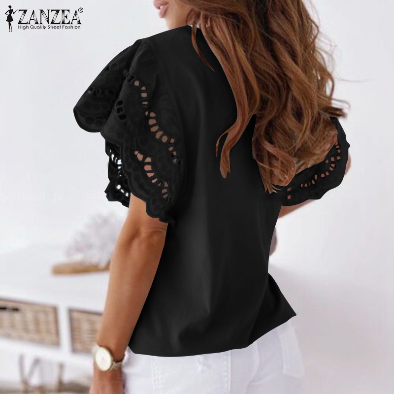 Áo kiểu Zanzea tay ngắn cổ tròn phối ren thời trang cho nữ