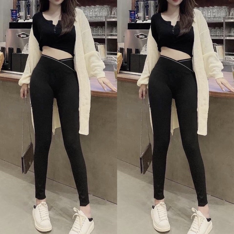 Quần Legging nữ cạp cao vạt chéo co dãn lưng cao gen bụng nâng mông dáng - Quần tregging dài ôm thun gân vải co giãn gym