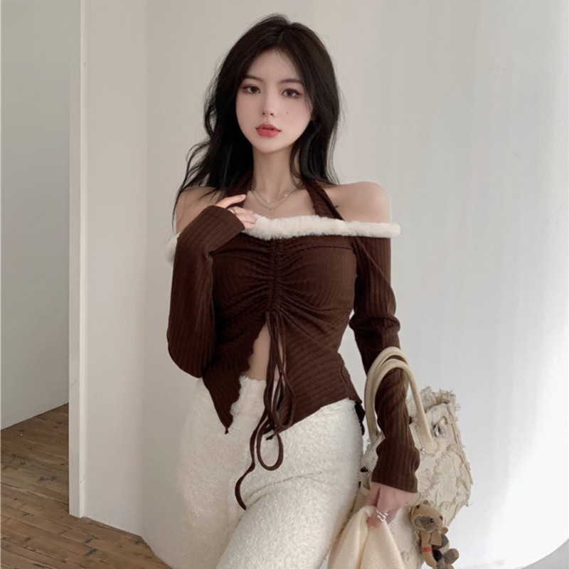 Áo trễ vai phối lông thời trang thu đông quyến rũ cho nữ